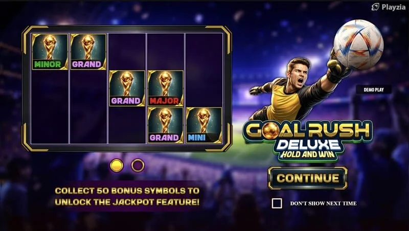 Goal Rush Deluxe - リールとスタジアムのスタンドがあるメインメニュー